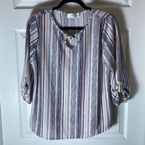 Cure Women's Casual Multi Blouse Stripe Pullover 3/4 Sleeve Round Neck Size PL